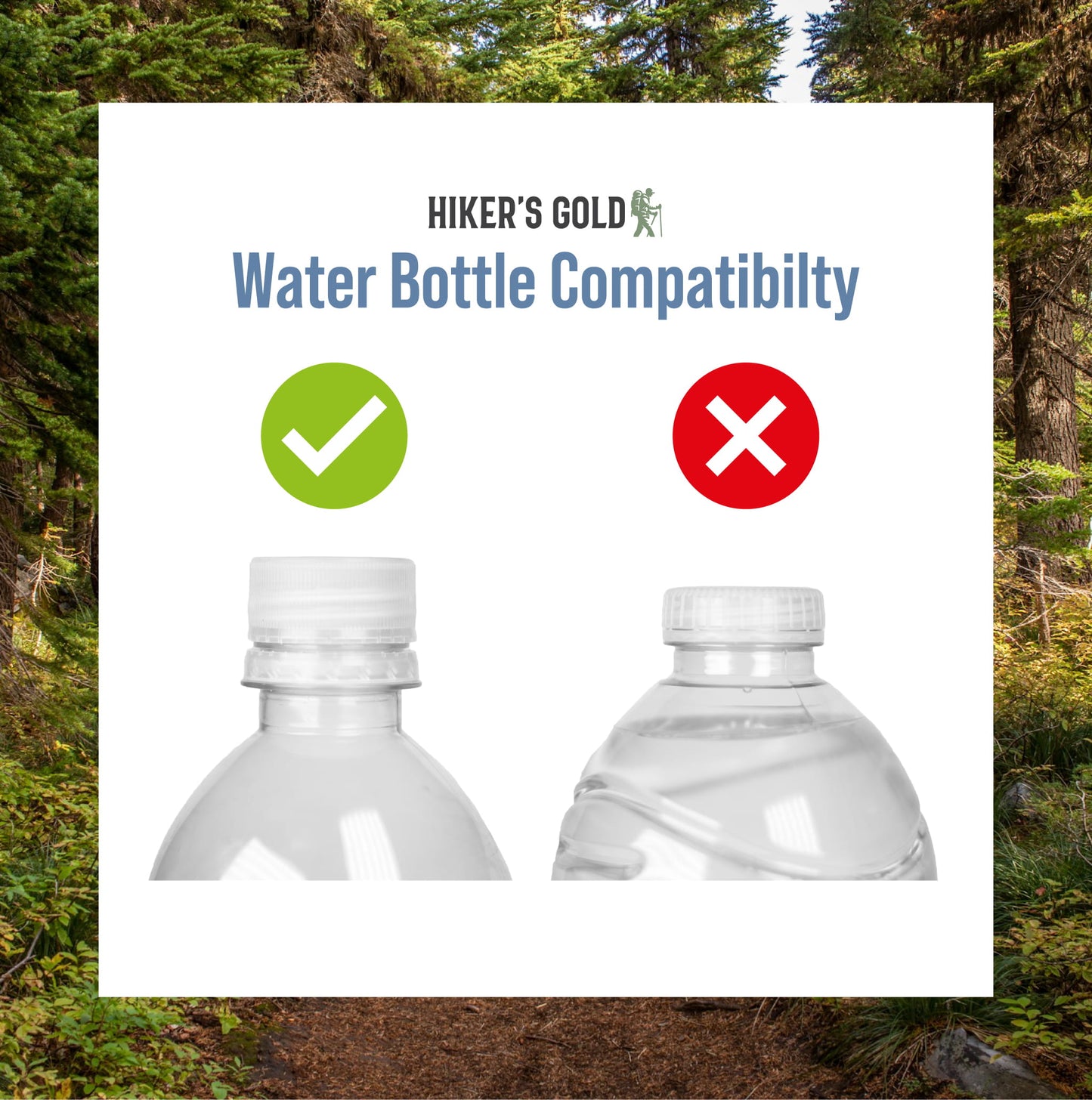 Hiker's Gold water bottle compatibility chart with two bottles against a forest background