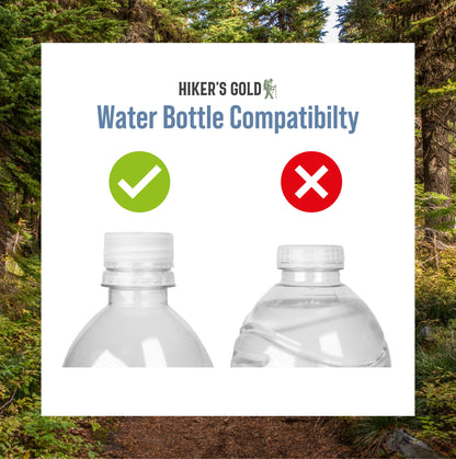 Hiker's Gold water bottle compatibility chart with two bottles against a forest background