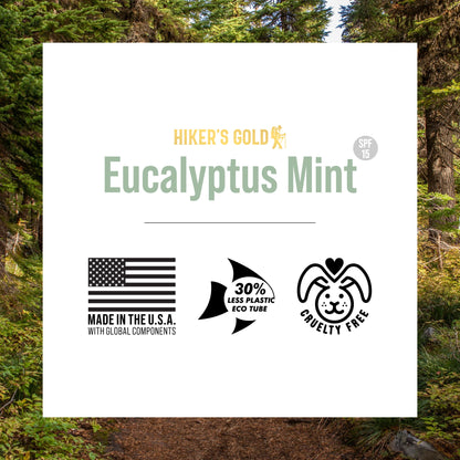 Product label for 'Hiker's Gold Eucalyptus Mint' with sustainability icons against a forest background