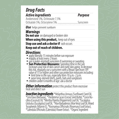 Drug facts label for a sunscreen product on a green background