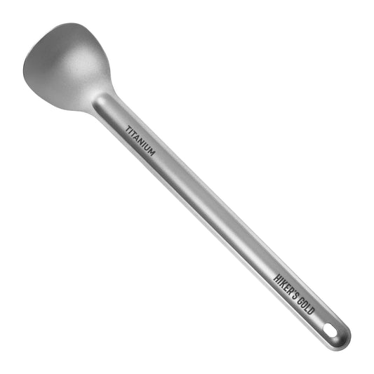 Titanium spoon with 'Hiker's Gold' branding on a white background