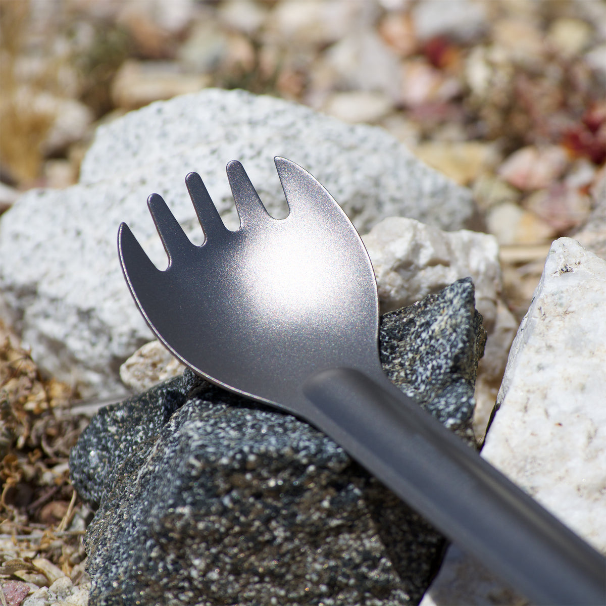 Metal spork on a rocky surface