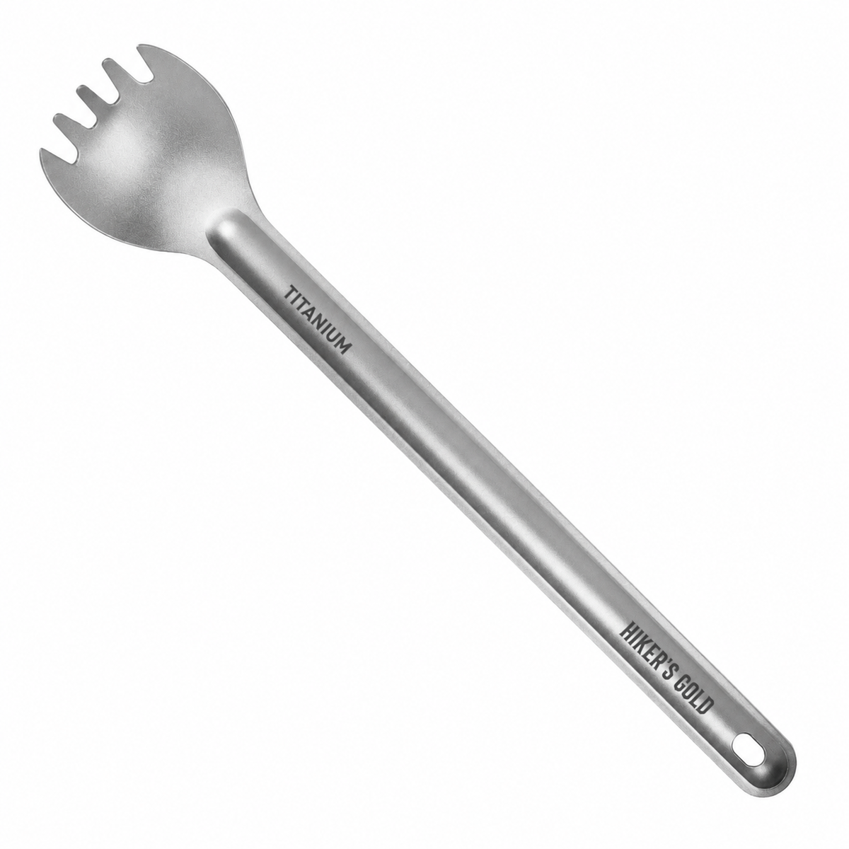 A titanium spork with a long handle, featuring the engraved words 'TITANIUM' and 'HIKER'S GOLD', shown on a plain white background.